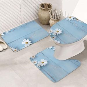 VTCTOASY Bloemen Lichtblauw Hout Print Badkamer Tapijten Sets 3 Stuk Absorberend Toilet Deksel Cover Antislip U-vormige Contour Mat voor Toilet Badkamer