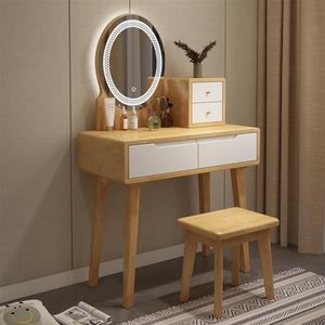 vanity desk Kaptafel moderne minimalistische kleine appartement slaapkamer kaptafel kaptafel met spiegel en lamp, kaptafel met laden en kasten slaapkamer kaptafel met opbergdoos (Color : Walnut+White