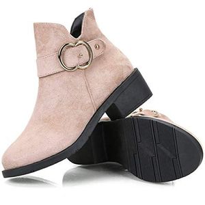 Enkellaarsjes met korte schacht voor dames, Chelsea boots, suède, platte laarzen, vrouwen, korte schacht, 4,5 cm hak, blokhak, winter, ritssluiting, schoenen, slips, warme sneeuwboot (beige, 40)