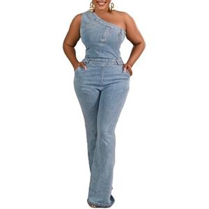 LoprNsdgt Uitlopende Jeans Jumpsuits Voor Dames Dressy One Shoulder High Waisted Blue Denim Romper,Blauw,L