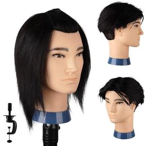DaizySight Kappershoofd mannequin mannelijk met 100% menselijk haar, mannelijk kapsel, oefenhoofd met dik haar, kapper, mannequin, poppenhoofd voor training, haarstyling (zwart, 35 cm)