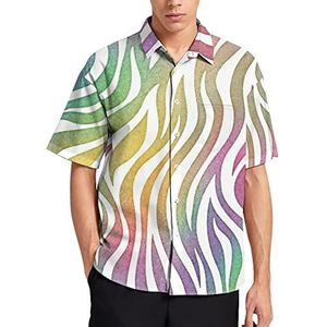 Regenboog Zebra Patroon Mannen Korte Mouw T-Shirt Causale Button Down Zomer Strand Top Met Zak