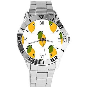 Citroen Geel Mode Vrouwen Horloges Sport Horloge Voor Mannen Casual Rvs Band Analoge Quartz Horloge, Zilver, armband