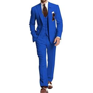 Slim Fit Heren 3-delig pak piek revers jas broek vest bruiloft smoking business pak, koningsblauw, 62
