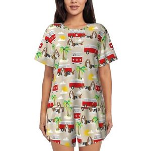 YQxwJL Basset Hound Hond Zomer Bus Palmbomen Print Vrouwen Pyjama Sets Shorts Korte Mouw Lounge Sets Nachtkleding Casual Pjs Met Zakken, Zwart, XL