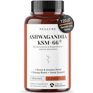 Nullure Ashwagandha KSM-66 + Bioperine | Vegan | 600mg | Angstbestrijding · Anti-Stress (Cortisol) · Uithoudingsvermogen · Slaaphulp| Maximale Absorptie | 5% Withanolides | 120 tabletten (2 maanden)