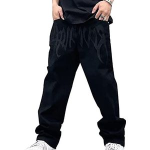 Baggy Hiphop-jeans For Heren Loose Fit Jogger-spijkerbroek Stijlvolle Bedrukte Dansskateboard-cargo-jeans Met Zakken herenjeans (Color : Noir, Size : XL)