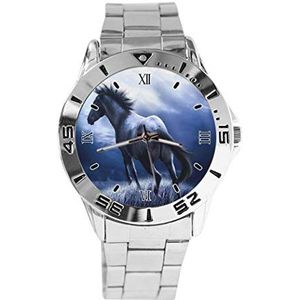 Zwart Paard Schilderen Kunst Wallpape Ontwerp Analoog Polshorloge Quartz Zilveren Wijzerplaat Klassieke Roestvrij Stalen Band Dames Heren Horloge