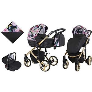 KUNERT Kinderwagen TIARO PREMIUM sportwagen babywagen autostoel babyzitje complete set kinderwagen set 3 in 1 (zwart met bloemen, framekleur: goud, 3-in-1)