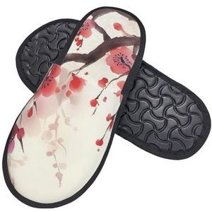 HerfsT Japanse lente pruim bloemenprint harige pantoffels voor vrouwen mannen pluizige traagschuim pantoffels winter pluche huis slippers L, Zwart, Medium