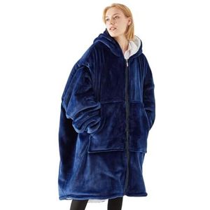 Pahajim Hoodiedeken met mouwen, draagbare deken, oversized hoodie-deken met ritssluiting, warm, zacht flanel, sweatshirt, deken voor tieners, heren, dames, 90 x 130 cm, blauw, XL