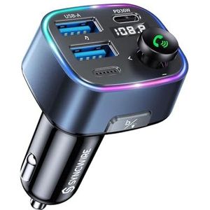 SYNCWIRE Bluetooth 5.3 FM-zender voor in de Auto, 48W Max Dubbele USB-autoladeradapter, Draadloze radio, LED-display, Handsfree bellen, Muziekspeler Ondersteuning USB-drive, Lichtschakelaar, Blauw