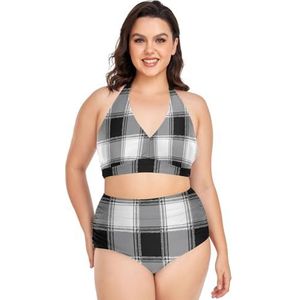 Zwart Wit Schotse Geruite Vrouwen Bikini Sets Plus Size Badpak Twee Stukken Hoge Taille Strandkleding Meisjes Badpakken, Pop Fashon, XXL