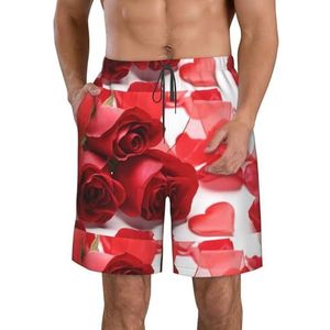 PHTZEZFC Strandshorts voor heren met rozen- en rode bloemblaadjesprint, zomervakantie, strandshorts, casual, lichtgewicht trekkoord, Wit, S