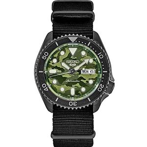 Seiko 5 sport collectie automatisch horloge groene camo wijzerplaat met zwarte nylon band SRPJ37, zwart, militair, Zwart, Leger