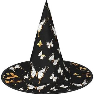 TyEdee Halloween heksenhoed tovenaar spookachtige pet mannen vrouwen, voor Halloween feest decor en carnaval hoeden -goud wit vlinders zwart