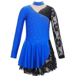 HONGYEMY Kunstschaatsjurk voor dames en meisjes, turnshirt, ballerina, tutu, kinderen, kunstschaatskostuum, strass lange mouwen, kant, ballet, lyrische dansjurk (blauw, 16)