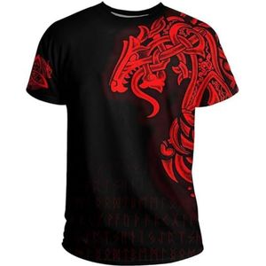 Noorse Mythologie Keltische Draak T-shirt – Unisex Viking Vegvisir 3D Rune Tattoo Print Casual Harajuku Korte Mouw – Zomer Sneldrogende, Ademende Top met Ronde Hals (Color : B red, Size : XL)
