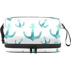 Dubbele Laag Cosmetische Tas Groene Anker Draagbare Make-up Tas Reizen Organizer Pouch voor Vrouwen Meisjes Toiletartikelen Tassen, Meerkleurig, 27x15x14 cm/10.6x5.9x5.5 in, Make-up zakje