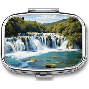 Waterfalls on Krka River Pillenetui met 2 compartimenten, pillenorganizer, draagbare vierkante pillendoos, vitaminepillenorganizer voor zakportemonnee en reizen