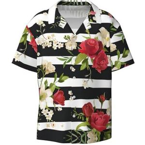 EdWal Zwart Wit Strepen Rode Rose Bloemen Print Heren Korte Mouw Button Down Shirts Casual Losse Fit Zomer Strand Shirts Heren Jurk Shirts, Zwart, M