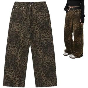 jeans Tan Luipaard Jeans Dames & Heren Denim Broek Vrouwelijke Oversize Wijde Pijpen Broek Street Wear Hip Hop Vintage Katoen Los(Size:S)