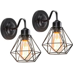 iDEGU Industriële wandlampen, 2 stuks, vintage design, retro lampenkap, kooi van ijzer, zwart, wandlamp E27, binnenverlichting (hoogte A 16 cm)