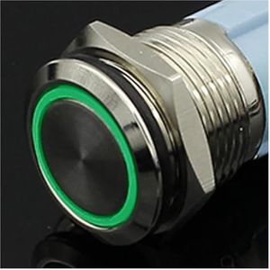 Waterdichte metalen drukknop, 12/16/19/22 mm, LED-licht, kortstondige vergrendeling, automotor stroomschakelaar, 5 V, 12 V, 24 V, 220 V, rood, blauw (kleur: groene cirkel, maat