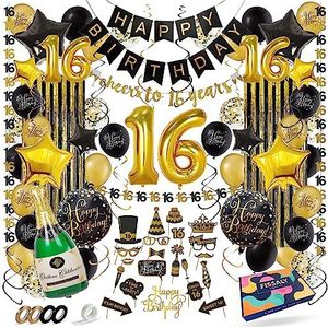 Fissaly® Sweet 16 Jaar Zwart & Goud Verjaardag Decoratie Versiering - Helium, Latex & Papieren Confetti Ballonnen