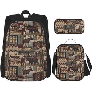 SUHNGE Llama Alpaca Cactus Print Travel Backpack3 stuks Set, Lichtgewicht Waterbestendig Boekentas, Lunch Tas, Potlood Case, Lodge Bear Herten, Eén maat