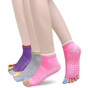Jicyor 3 paar teensokken voor dames, antislip yoga-sokken voor dames, antislip antislipsokken voor yoga, rood, grijs en paars, Medium