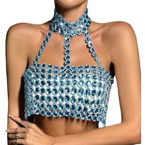 CakfLjkhl Vrouwen Sexy Hollow Out Crop Top Sparkle Rhinestone Mouwloos Halter Backless Rave Shirt Club Tops,Blauw,L