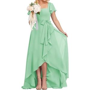 High-Low Prinses Bruidsmeisjesjurken Vierkante Hals Galajurk Chiffon Formele Avondfeestjurk met Mouwen, mintgroen, 36