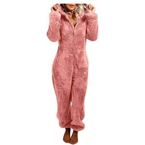 KEERADS Damen Jumpsuit onesie fleece badjas met capuchon en ritssluiting pluizig warme pyjama volwassenen pluche capuchon mantel deken hoodie nachtkleding sets voor vrouwen huispak, roze, XL
