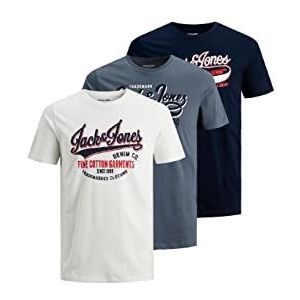 JACK & JONES JJELOGO Designer T-shirt met ronde hals voor heren, moderne kunst, korte mouwen, jersey katoenen shirt, verpakking van 3 stuks, Cloud Dancer/Grisaille/Navy Blazer, L