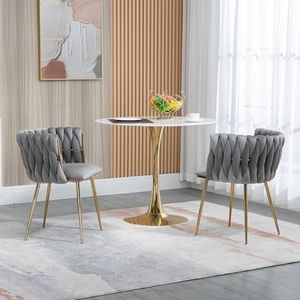 BXEYXE Moderne luxe fluwelen eetkamerstoelset met gouden metalen poten, elegant handgeweven design en zacht kussen voor eetkamer, woonkamer en slaapkamer (set van 2)