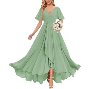 KURFACE Dames V-hals chiffon bruidsmeisjes jurken ruches korte mouw formele avondjurk, Sage Groen, 40