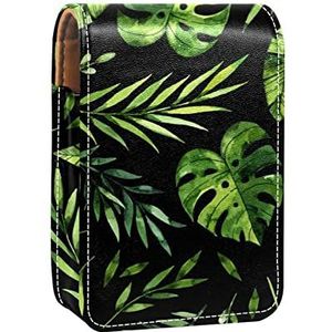Draagbare Lipstick Case voor op reis, Mini Lipstick Opbergdoos met spiegel voor dames dames, Lederen cosmetische etui Tropisch Zwart Groen blad, Meerkleurig, 9.5x2x7 cm/3.7x0.8x2.7 in