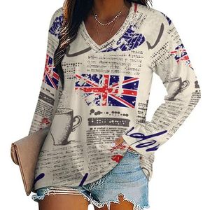 Retro UK Krant Londen Dames Lange Mouw V-hals T-shirts Herfst Tops Trui Tuniek Tee voor Leggings