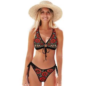 Rode Madeliefje Hand Bloem Art Bikini Badmode Beachwear Tweedelige Set Badpak Voor Strand Meisje Vrouwen, Patroon, XS