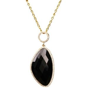 Natural Sunstone Pendant With Micro Zircon Women Classic Fashion Crystal Real 18k Gold Short Choker Necklace Party Jewelry Gifts (Color : BlackAgate)