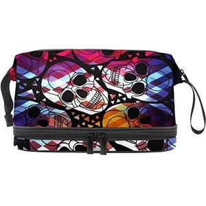 Dubbele Laag Cosmetische Tas Halloween Schedel Draagbare Make-up Tas Reizen Organizer Pouch voor Vrouwen Meisjes Toiletartikelen Tassen, Meerkleurig, 27x15x14 cm/10.6x5.9x5.5 in, Make-up zakje