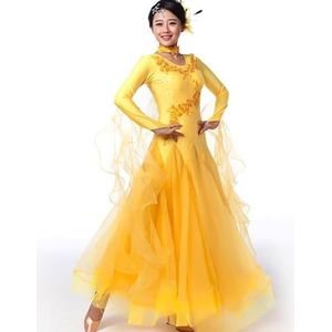 Yhsgscr Ballroom Performance kleding met ronde hals voor volwassenen Feestrok voor dames Nationale standaard tangodansjurk met lange mouwen Zacht ademend Walswedstrijdkleding,C,3XL