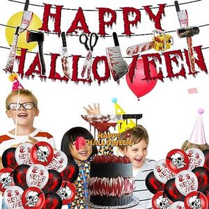 Halloween-feestballonnen,Enge bloedige thema feestartikelen Kit | Bloedige thema Happy Halloween ballonbannerset met cupcake-toppers, folieballonnen