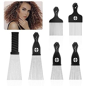 6 Stuks Afro Metalen Kam Borstel Afro Metal Pick Plastic Haar Pols Afrikaans Haar Picks Spike Kam Afro Afro Krullend Kapsel Comb (5 Stijlen)