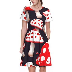 JJPUNGK Rood Wit en Paddestoel Print Dagelijks Dragen Vrouwen Jurken Casual Zomer Jurk Met Korte Mouwen Ronde hals Zakken, Zwart, S