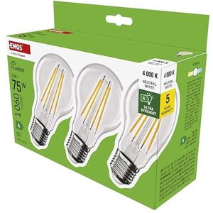 EMOS - LED-lamp filament A60 - A klasse vintage gloeilamp - E27 fitting - neutraal wit - 1060lm - extra zuinig, 5W (in plaats van 75W gloeilamp) - 50.000 uur - hoek 300° CRI min. 80-3-pack
