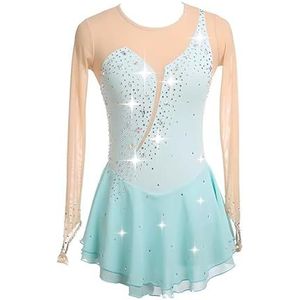 UPPJPBSW Meisjes Turnpak Met Lange Mouwen Voor Kunstrijden Met Glanzende Strasssteentjes, Dames Artistiek Gymnastiek Chiffon Jurk Met Lange Mouwen, Geschikt Voor Optredens En Wedstrijden,Light blue,S