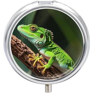 Draagbare Reizen Pillendoos Groene Geckos Gedrukt Ronde Kleine Pil Case 3 Compartiment Pil Container om Vitaminen Medicatie Visolie Supplementen vast te houden