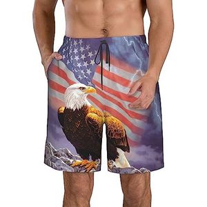 Eagle met Amerikaanse vlag print strandshorts voor heren, zomervakantie, strandshorts, casual, lichtgewicht trekkoord, Wit, M